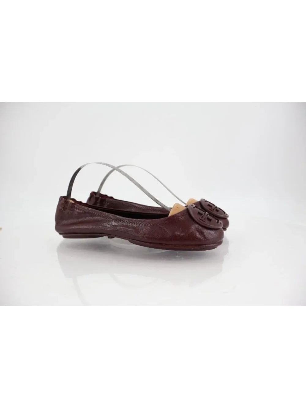 Tory Burch Minnie Travel Ballet Flats Burgundy Leather Logo Foldable Size 5